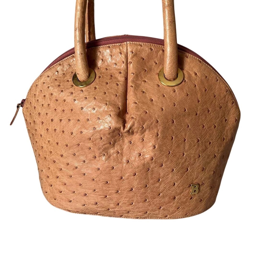 Bally Ostrich Embossed Leather Dome Satchel Bag Tan Gold Hardware